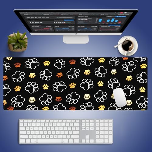 Gold White Pet Paw Large Mouse Pad, Cute Dog Cat Footprint Black Desk Mat | 31.5" x 11.8", Seamless Pattern for Pets Lover, XXL Gaming/Office Stitched Keyboard Mat, Smooth Surface Anti-Slip Base - color: Design WKLXD043