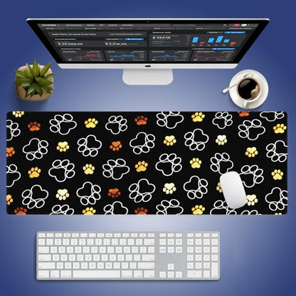 Gold White Pet Paw Large Mouse Pad, Cute Dog Cat Footprint Black Desk Mat | 31.5" x 11.8", Seamless Pattern for Pets Lover, XXL Gaming/Office Stitched Keyboard Mat, Smooth Surface Anti-Slip Base - color: Design WKLXD043