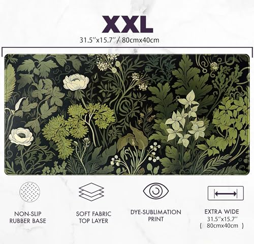 Green Leaves Beige Plants Pad, Large Extend Mouse Pad XXL, Freshness Foliage Keyboard Mat, Black Esthetics Desktop Mat Laptop Wireless Mouse Mat, Gift for Women 31.5"x15.75" - color: Green Leaves of Darkness