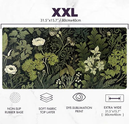 Green Leaves Beige Plants Pad, Large Extend Mouse Pad XXL, Freshness Foliage Keyboard Mat, Black Esthetics Desktop Mat Laptop Wireless Mouse Mat, Gift for Women 31.5"x15.75" - color: Green Leaves of Darkness