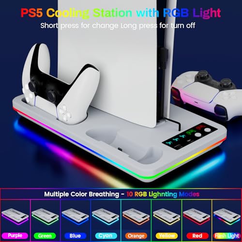 PS 5 Cooling Station and PS 5 Stand with RGB Controller Charging Station for PlayStation5Console, Controller Charger, Cooling Stand, PS5/Slim/Pro Accessories Kit with 3 Level Cooler Fan - color: RGB-white