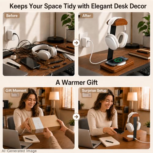 Wooden Headphone Stand with Wireless Charger Pad Nice Gift of Friends-White | Wide Curved Rest Compatible with Beats,Bose,Sony Accessories, Bedside Table, Gaming Setup, Office Organizer for Walnut Desk - color: White