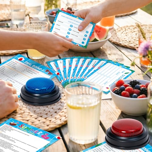 Eyxsaxenk Summer Friendly Feud Game with 2 Answer Buzzer - 40Pcs Family Fun Trivia Quiz Feud Card Buzzer Board Game Night for Summer Camp Party Family Trivia Night Gathering Group Team Building Supply - style: Summer