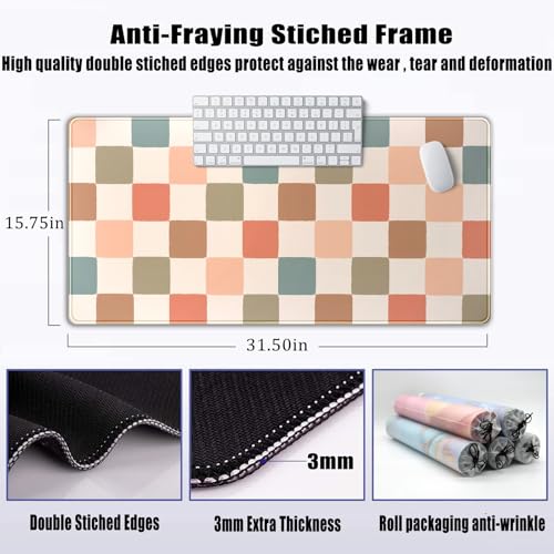 Boho Checker Desk Mat Beige Checkerboard Mouse Pad Large Aesthetic Desk Pad Extended Gaming Mousepad XXL Keyboard Pad Computer Laptop Mouse Mat Office Desktop Decor Pad 31.5x15.7 in - color: Boho Checker
