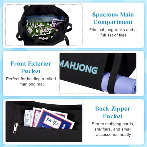 Abbylike 28x9 Inches Mahjong Bag for Rolled Mat Tiles Racks Pushers Accessories Empty Mahjong Tote Bag with Zipper Closure Outer Pockets Lining Large Capacity(Black,Canvas) - color: Black