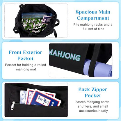 Abbylike 28x9 Inches Mahjong Bag for Rolled Mat Tiles Racks Pushers Accessories Empty Mahjong Tote Bag with Zipper Closure Outer Pockets Lining Large Capacity(Black,Canvas) - color: Black