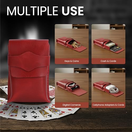 Red Leather Playing Card Case 1 Deck - Handmade Full-Grain Leather Playing Cards Storage Box - Game Playing Card Box Case Fits Poker & Bridge Size Cards, Game Card Playingcard Holder Case - color: Red