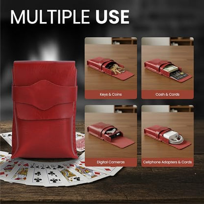 Red Leather Playing Card Case 1 Deck - Handmade Full-Grain Leather Playing Cards Storage Box - Game Playing Card Box Case Fits Poker & Bridge Size Cards, Game Card Playingcard Holder Case - color: Red