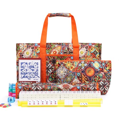 American Mahjong Tile Set with Orange Printed Carrying Bag, 166 Premium White Tiles, 4 All-in-One Color Racks/Pushers, Mah Jongg Sets, Complete Mahjong Game Set for Travel - color: Orange Print