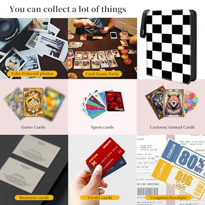 AXUASSILD 4 Pocket Card Binder, Premium Trading Card Holder Fits 400 Cards With 50 Removable Sleeves, Cute Portable Collection Card Ablum Holder Black White Checkerboard - color: Black White Checkerboard