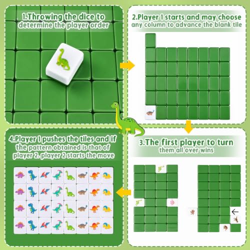 Capoda 2 Players Mahjong Block Set Dinosaur Mahjong Game with 65 Pcs 1.2 inch Green Tiles Mini Travel Tile Game with Dice Portable Bag for Holiday Travel Family Party Nights Supplies - style: Dinosaur
