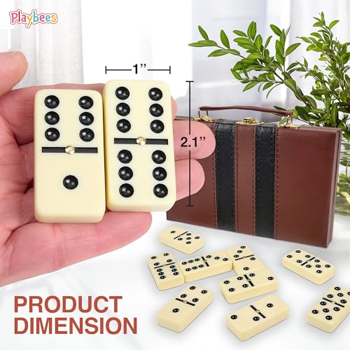 Playbees Jumbo Double Six Dominoes Set - 28 White Classic Tiles in Faux Leather Case - Fun Educational Toy for Kids, Boys, Girls, Classroom Kit, Classic Game Night Party Favors Set, Travel-Friendly - size: Ivory