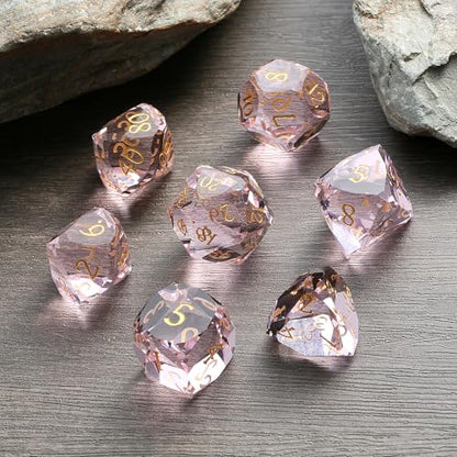 DNDND 7-Piece Glass DND Dice Set - Multifaceted Pink Dice Set for Dungeons and Dragons, Tabletop Gaming, Collectors | Premium Gift Box & Durable Design (Pink) - color: Pink