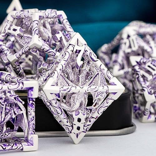 ARUOHHA Hollow DND Dice Set Silver Purple 5-Headed Dragons D and D Dice with Gift Box, Role Playing Games RPG 7PCS Dungeons Metal Polyhedral Dice D20 D12 D10 D8 D6 D4 - color: Silver Purple-02
