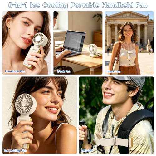 Handheld Portable Turbo Fan with Ice Cooling,5 Speed Rechargeable LED Display Foldable Hand Held Personal Clip/Neck/Waist Fan,180°& 360° Adjustable,Pocket Mini Fan for Outdoor/Home/Office (Khaki) - color: Khaki