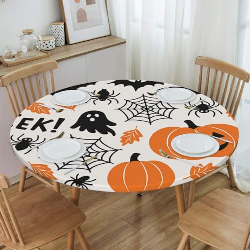 Famame Halloween Spider Webs Pumpkins Round Fitted Tablecloth with Elastic Protector Table Kitchen Dinner Waterproof Oil-Proof Table Covers Fits 40"-44", Small - color: Halloween Spider Webs Pumpkins, size: Small (40"-44")