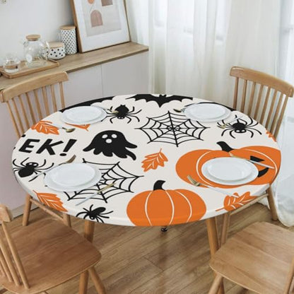 Famame Halloween Spider Webs Pumpkins Round Fitted Tablecloth with Elastic Protector Table Kitchen Dinner Waterproof Oil-Proof Table Covers Fits 40"-44", Small - color: Halloween Spider Webs Pumpkins, size: Small (40"-44")
