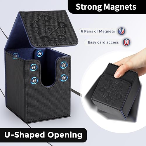 Card Deck Box with 2 Dividers, MTG Commander Deck Box Holds 100+ Double-Sleeved Cards, Leather Magnetic Deck Case Compatible with Magic TCG CCG Cards, Black - color: 2. Black 04, size: 100 Double-sleeved Cards Vertical