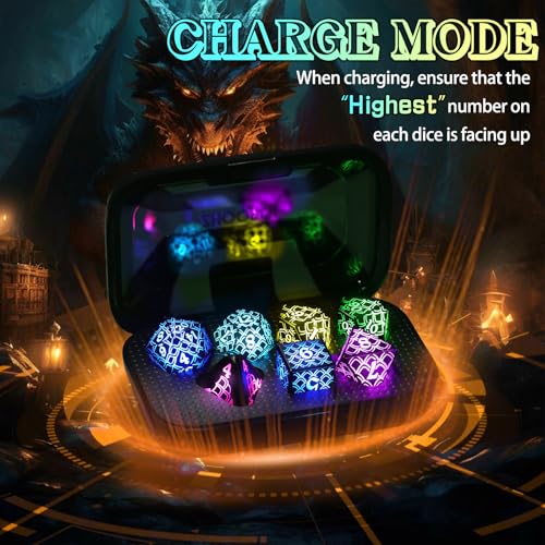 LED DND Dice Set, Light up Dice Rechargeable for RPG DM Gifts, RGB-LL | ZHOORQI Polyhedral Dice Set with Charging Box, Glow in The Dark Dice for D and D (Dungeons and Dragons) Role Playing Game - color: Rgb-dragon Scales