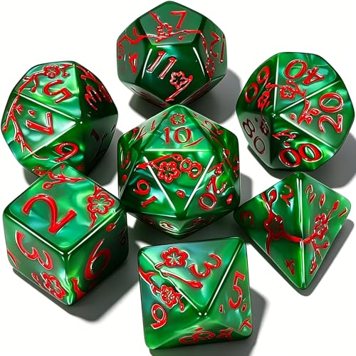 CiaraQ 7pcs Polyhedral Dice Set for Dungeon and Dragons MTG Table Games | Acrylic Role Playing Dice for D&D with Black Velvet Bag – Green Pearl with Red Numbers & Plum Blossom Patterns - color: Green and Red Floral Dice
