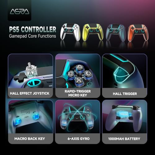 ASRVA Chrome Blue Wireless Pro Controller for PS5,4 Back Buttons,Hall Effect Joystick(No Drift),Micro-Switch,Gyro,Macro,1000mAh,RGB,Compatible with PS5/Pro/Slim/PC/iOS/Android - color: Chrome Blue