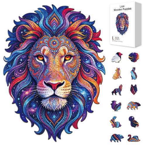 300pcs Wooden Puzzles for Adults Mandala Lion with Starry Sky | Wood Jigsaw Puzzles with Unique Animal Shaped Pieces Challenging Puzzle for Family Game Birthday Gift Home Decor - color: Mandala Lion
