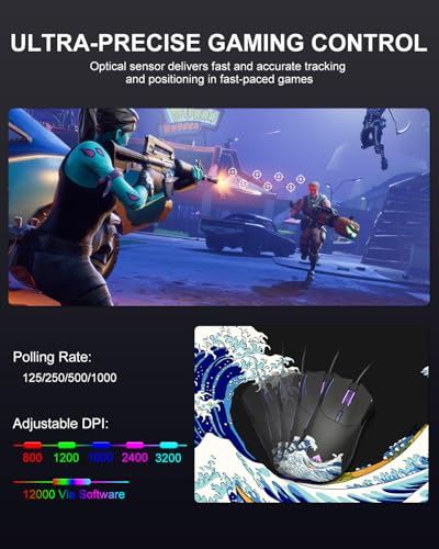 COSTOM Womier USB Wired Gaming Mouse for PC Computer Windows Mac Laptop, Lightweight Silent RGB Backlit Mouse with Adjustable 12000DPI/7 Programmable Side Buttons,Black Kanagawa Theme-G705 V2 - color: black 2