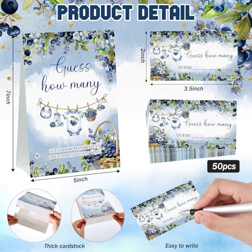 Blueberry Guess How Many Baby Shower Game Pack of 1 Tabletop Sign with Stand and 50 How Many Cards, a Berry Sweet Baby Is on the Way Gender Reveal Party Game Decoration - style: Blueberry