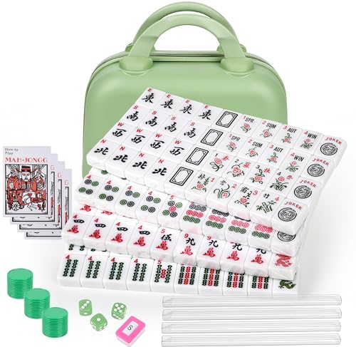 Portable American Mahjong Set, 166 Mahjong Tiles with Carrying Bag, 3 Dice, 40 Chips, Wind Indicator, Instruction Book, Compact Travel Game Set