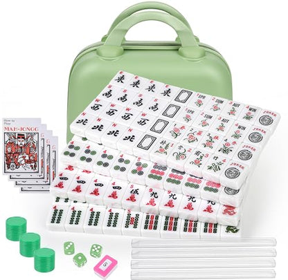Portable American Mahjong Set, 166 Mahjong Tiles with Carrying Bag, 3 Dice, 40 Chips, Wind Indicator, Instruction Book, Compact Travel Game Set