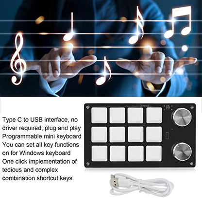 Ejoyous Macro Keyboard, One Handed Macro Mechanical Gaming Keypad 12 Key Programmable Keyboard with Knob for Office Games Compatible with Vista (Black White) - color: White