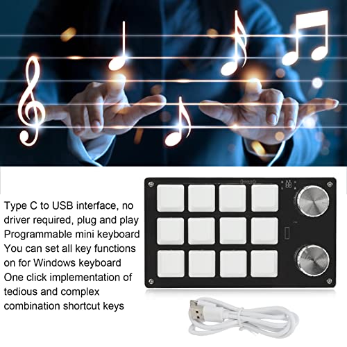 Macro Mechanical Keyboard, 12 Key One Handed Programmable Gaming Keypad, Multifunction DIY Plug and Play PC Keyboard with Adjustment Knob, Customized Express Keys - color: Black White
