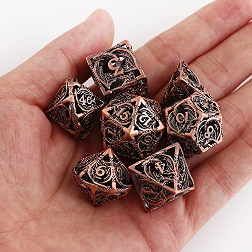 Hollow Metal DND Dice 7Pcs Set for Dungeons and Dragons RPG MTG | D&D Pathfinder Shadowrun and Math Teaching,Large D4,D6,D8,D10,D12,D20 freaky multi sided Dice Set D and D Dice with Gift Box - color: Red Copper