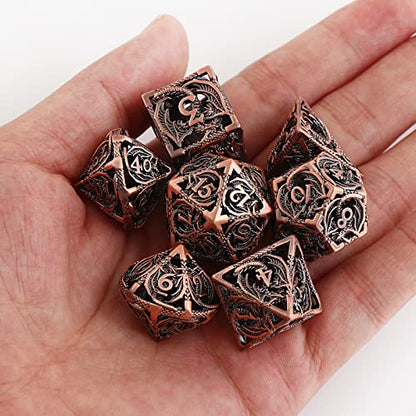 Hollow Metal DND Dice 7Pcs Set for Dungeons and Dragons RPG MTG | D&D Pathfinder Shadowrun and Math Teaching,Large D4,D6,D8,D10,D12,D20 freaky multi sided Dice Set D and D Dice with Gift Box - color: Red Copper