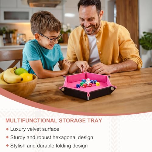 Dice Tray 10" PU Leather Velvet Folding Hexagon Dice Rolling Tray Holder Storage Box Perfect for RPG DND Table Games & Entryway & Nightstand Organizer (Pink, 1pcs) - color: Pink