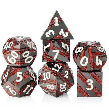 Stripe D&D Dice,DNDND Metallic Glitter Stripes Dice with Gift Metal Box for Dungeons and Dragons Tabletop Game (Red Stripes) - color: Stripe Red