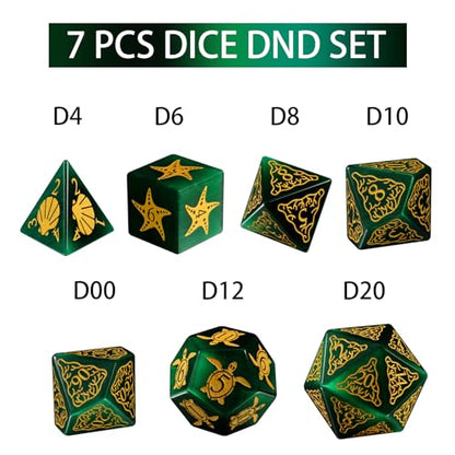 LUCKY-M Turtle Dice DND Set Green, 7PCS Cat Eye Stone D&D for Dungeons and Dragons, RPG D and D Dice for MTG Accessories DND Gift(PC-Green) - color: Pc-green