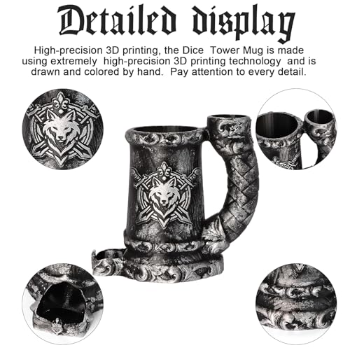 Dice Tower Mug, Dice Rolling Tower, Comes with 7 PCS Dice Set, Suitable for DND Dungeons and Dragons, Tabletop Games, Available As Drink Holder, D&D Gifts, DND Accessories (Black) - color: Black