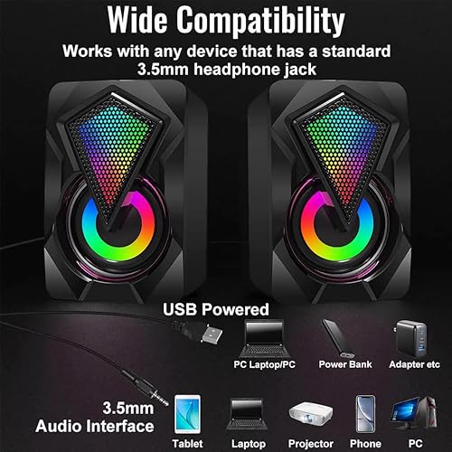 Computer Speakers X2 Wired PC Speaker 2.0 USB Gaming Powered Stereo Mini Multimedia Volume Control with RGB Lights 3.5mm Aux Input for Phone Tablets Desktop Laptop