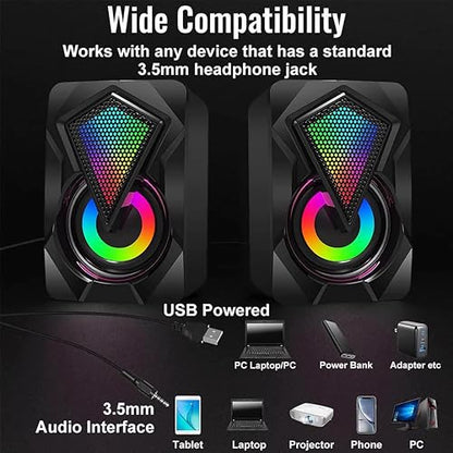 Computer Speakers X2 Wired PC Speaker 2.0 USB Gaming Powered Stereo Mini Multimedia Volume Control with RGB Lights 3.5mm Aux Input for Phone Tablets Desktop Laptop