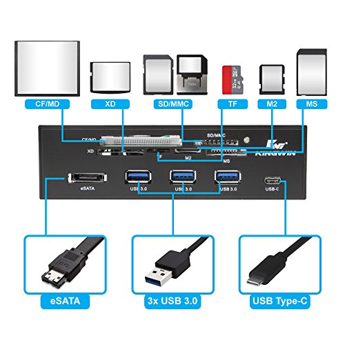 Kingwin Powered USB Hub 3.0 w/ 1 USB-C Port, SD Card Reader & Micro SD Card Reader - Sata Power Port w/Lightning Speed Data Transfer Up to 5Gbps - 5.25" Computer Case Front Bay, black (KW525-3U3CR) - size: 3 Port USB Hub