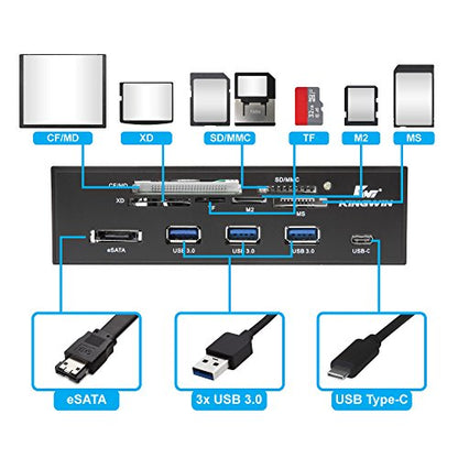 Kingwin Powered USB Hub 3.0 w/ 1 USB-C Port, SD Card Reader & Micro SD Card Reader - Sata Power Port w/Lightning Speed Data Transfer Up to 5Gbps - 5.25" Computer Case Front Bay, black (KW525-3U3CR) - size: 3 Port USB Hub