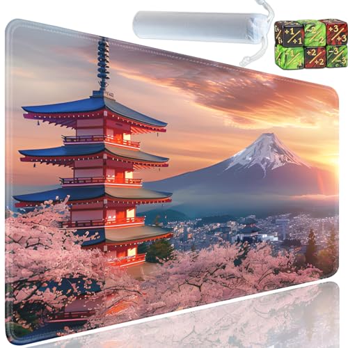 Playmat for MTG, 24x14 Inches Playmats, for TCG and CCG Trading Card Game Mat, Non-Slip Rubber for MTG Playmats with A Storage Bag and 6 Dice Set, Fuji Mountain Japan Pattern - color: Yu-Playmat-1-E124