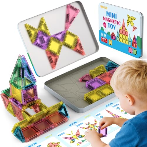 BAIJLE 46PCS Mini Magnetic Tiles, for Kids, Portable Magnetic Toys Travel Set with Iron Case for Kids Ages 4-8,Creativity Boosting Building Toys Set,Toddler Puzzle for Boys and Girls Ages 3+ - style: 46PCS Mini Magnetic Tiles