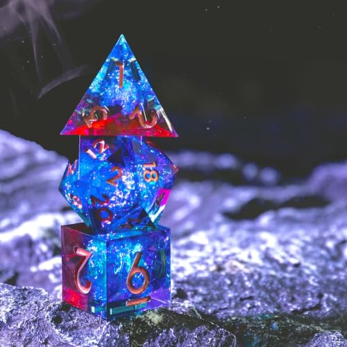 Sharp Edge DND Dice Set Handmade 7 Accessories Dice for Dungeons and Dragons TTRPG Games, Multi-Sided RPG Polyhedral Resin Sharp Edge Dice Roleplaying Games - color: Blue Red