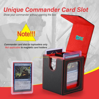 MTG Deck Box, Double Display Window, Commander Deck Box Fits 120+ Single Sleeved Cards, PU Leather Magnetic Closure Card Box with 2 Dividers&2 Toploaders for TCG, CCG, Black/Red - color: Black/Red, size: 1 pack