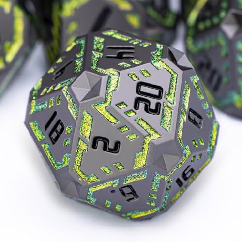 Metal DND Sci-fi Dice Set 7PCS Stripe Polyhedral Dice for Dungeons Dragons RPG Role Playing Game, Glitter D and D Dice with Gift Box D6 D8 D10 D12 D20 (Black&Green Yellow) - color: Black - Yellow Green