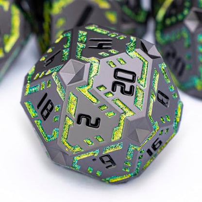 Metal DND Sci-fi Dice Set 7PCS Stripe Polyhedral Dice for Dungeons Dragons RPG Role Playing Game, Glitter D and D Dice with Gift Box D6 D8 D10 D12 D20 (Black&Green Yellow) - color: Black - Yellow Green