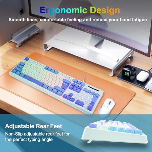 HUO JI Wired Gaming Keyboard with Rainbow LED Backlit, Floating Keys, Mechanical Feeling, Spill Resistant, Ergonomic Full Size for Xbox, PS Series, Desktop, Computer, PC (White Blue) - color: White Blue