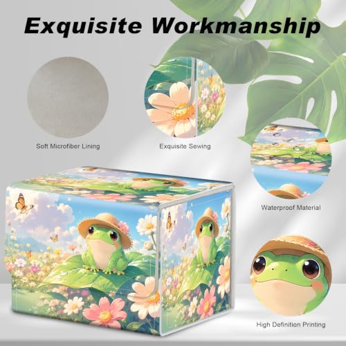 Magnetic Closure TCG Deck Box Portable Card Holder Trading Card Deck Box | PU Leather Collectible Card Case Game Trading Card Deck Box Storage Scratch Resistant Lining, Cute Green Frog Daisy Flower - color: Cute Green Frog Daisy Flower